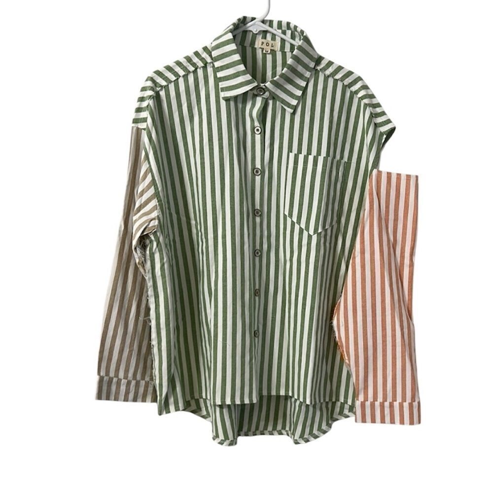 POL Striped Green & Pink Button Down Shirt (Size Small)